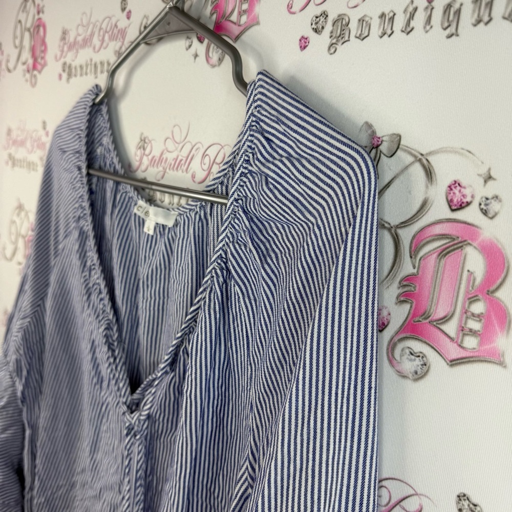Cleo long sleeve top ruffles frilly tie up Blue Striped Ruffle Sleeve Top - Picture 5 of 13